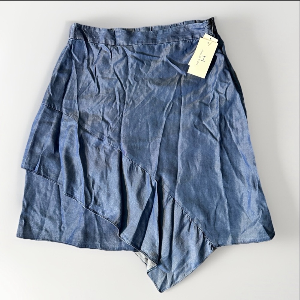 HALSTON Skirt Blue Hi Low Medium Womens Zip NWT Lyocell Lightweight Jean $89